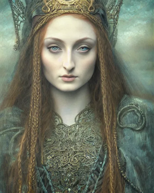 Image similar to matte painting portrait shot, beautiful sophie turner, steampunk, detailed and intricate by jean delville, gustave dore and marco mazzoni, art nouveau, symbolist, visionary, gothic, pre - raphaelite