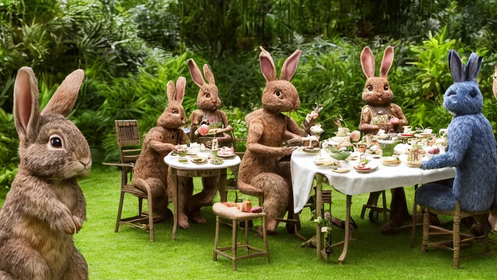 Image similar to film still from the movie chappie outdoor park plants garden scene bokeh depth of field several figures sitting down at a table having a delicious grand victorian tea party crumpets furry anthro anthropomorphic stylized rabbit bunny