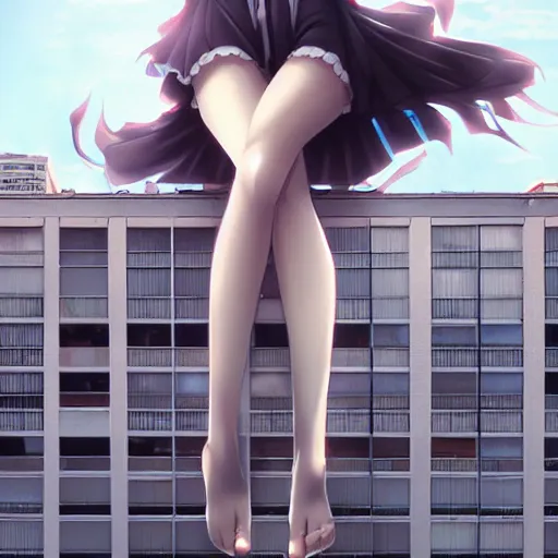 Image similar to giant 50 foot tall anime girl sitting on a building by wlop