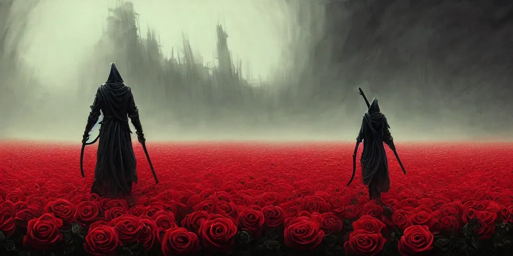 Image similar to poster style, a beautiful and terrifying painting with high details of a panoramic view of a reaper holding a long sickle, with red fluid white roses in the foreground, movie atmosphere, movie lights, 8 k, light effect, rtx on, trending on artstation, by kilian eng, lee madgwick, bastien lecouffe - deharme