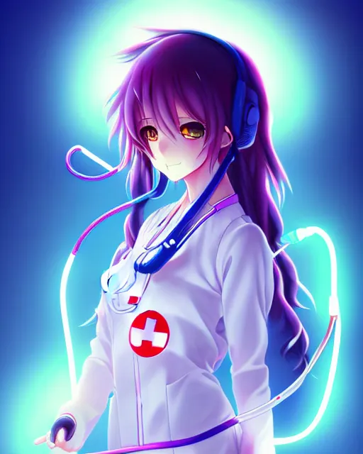 Image similar to anime style, vivid, expressive, full body, 4 k, painting, a cute magical girl with a long wavy hair wearing a nurse outfit, correct proportions, stunning, realistic light and shadow effects, neon lights, studio ghibly makoto shinkai yuji yamaguchi