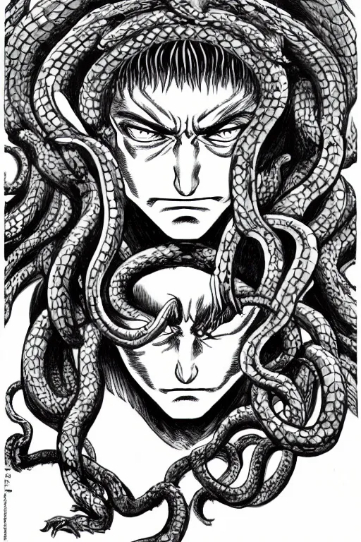 Prompt: head of medusa from greek mythology wearing snakes in place of hair, in berserk manga, smiling seductive expression, big snakes heads with open mouth, manga drawing in round frame, by kentaro miura