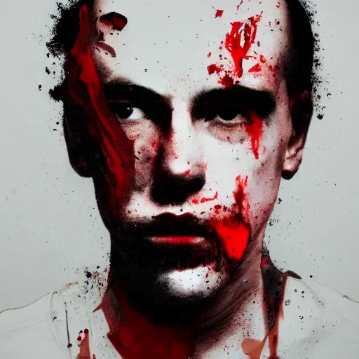 Prompt: matte portrait of a depressed young man covered in blood, by Antony Micallef, minimalist cubism