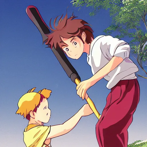 Image similar to a girl holding a comically large hammer and slapping it on the head of a boy, anime art, smooth, elegant, HD, Studio Ghibli