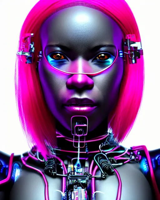 Image similar to portrait of a beautiful black woman with pink hair as a cyberpunk cyborg half robot, revealing wires and electronics, hooked - up, sci - fi, missing panels, intricate abstract upper body intricate artwork, concept art, octane render, deviantart, cinematic, key art, hyperrealism, iridescent accents, portrait photograph, nikon 3 5 mm, photograph by greg rutkowski