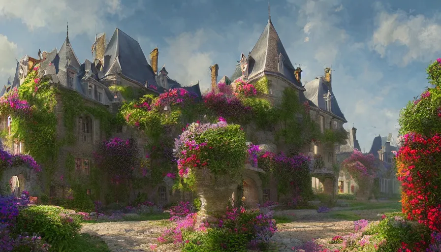 Prompt: Digital painting of a magnificent french castle with a flowery alley, wide angle, volumetric light, hyperdetailed, artstation, cgsociety, 8k