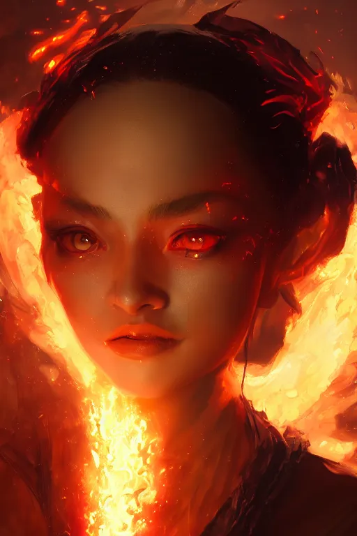 Image similar to a fancy portrait of a young Demon girl covered in flames by Greg Rutkowski, Sung Choi, Mitchell Mohrhauser, Maciej Kuciara, Johnson Ting, Maxim Verehin, Peter Konig, final fantasy , 8k photorealistic, cinematic lighting, HD, high details, atmospheric , trending on artstation