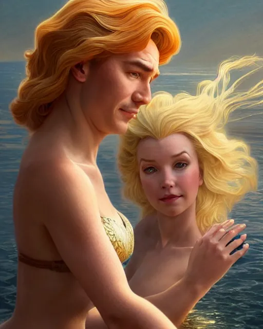 Image similar to Portrait of a  blonde lady and Michael mcintyre as characters in the Little Mermaid,real life skin, intricate, elegant, highly detailed, artstation, concept art, smooth, sharp focus, art by artgerm and greg rutkowski and alphonse mucha