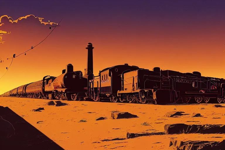 Image similar to idyllic old western train station illustration by syd mead, artstation, 4 k, graphic novel, concept art, matte painting, steam engine, beautiful mountain desert sunset background, golden hour