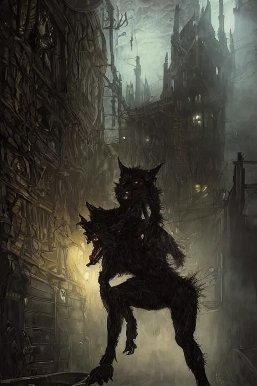 Prompt: a werewolf crouching in an alley, gothic, torn leather coat, intricate, elegant, dramatic lighting, ugly face, highly detailed, lifelike, photorealistic, digital painting, artstation, illustration, concept art, smooth, sharp focus, art by John Collier and Albert Aublet and Krenz Cushart and Artem Demura and Alphonse Mucha