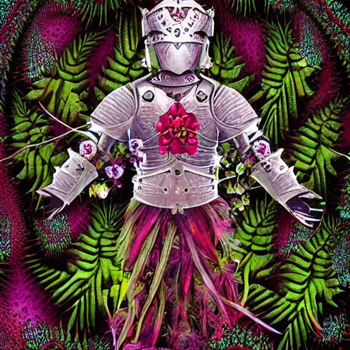 Image similar to a male knight, stern face, clear eyes, shining armour made of steel and flowers, and fractal flowery hair in a fractal garden, glowing delicate flower, berries and ferns that grow in a dark fantasy forest, full frame,