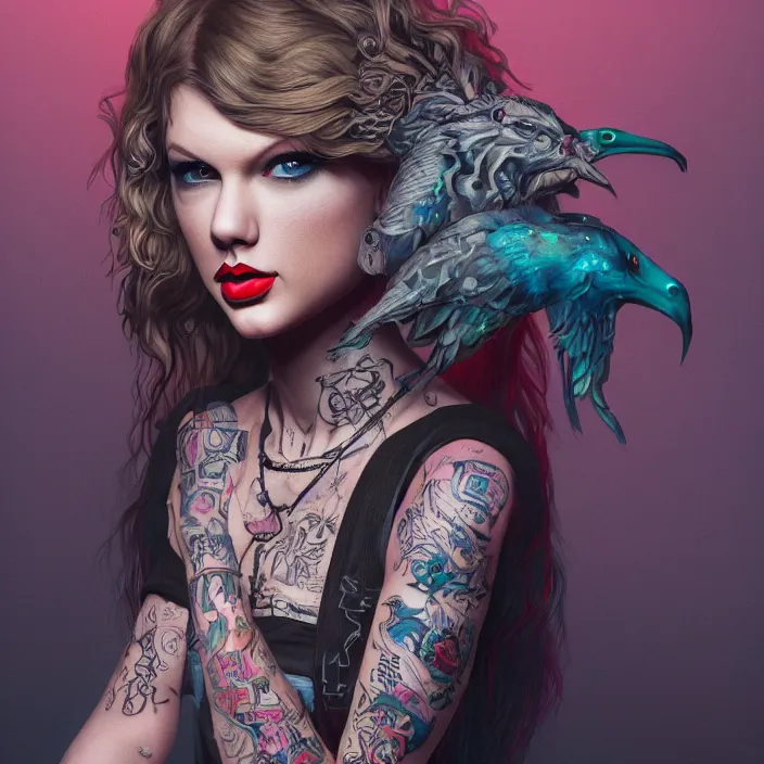 Image similar to portrait of taylor swift as a punk rock girl. intricate tattoos. intricate artwork. by tooth wu, wlop, beeple, dan mumford. octane render, trending on artstation, greg rutkowski very coherent symmetrical artwork. cinematic, hyper realism, high detail, octane render, 8 k, iridescent accents