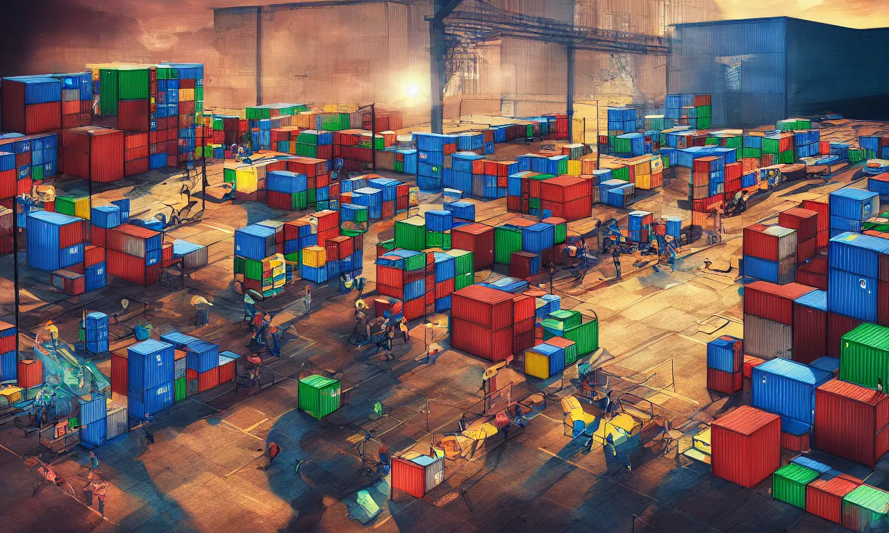 Image similar to podman run, exec, broken containers, 3 d art, digital illustration, perfect lighting