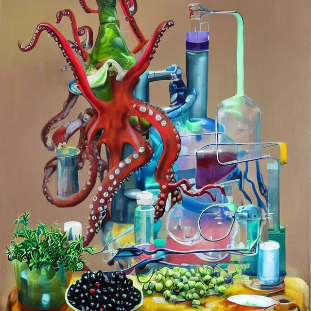 Prompt: female android, surgical equipment, giant octopus, dinosaur bones, raw pork, berry juice drips, pancakes, berries, scientific glassware, plant roots, art supplies, candles dripping wax, neo - impressionist surrealism, acrylic and spray paint and oilstick on canvas