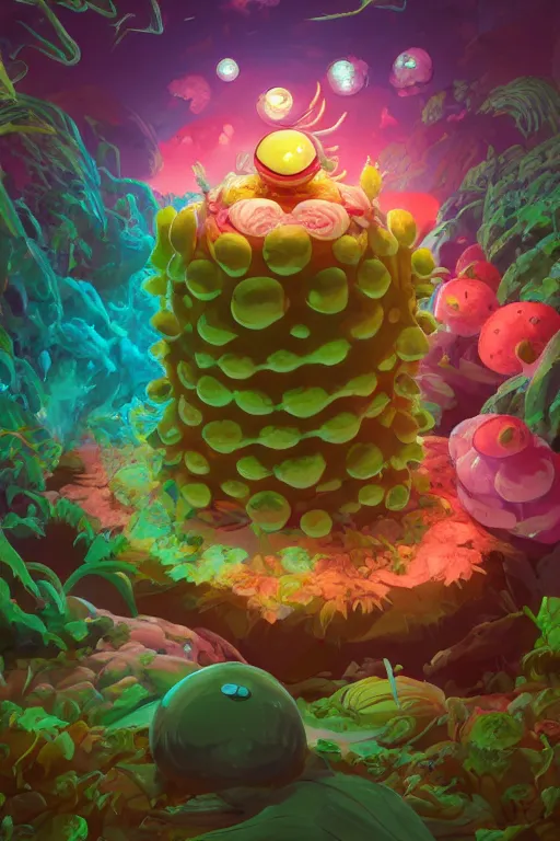 Image similar to roots cactus sushi cristal smurf ghost creature animal sushi cristal very big eye roots cactus elemental flush of force nature micro world fluo fishscale, behance hd by jesper ejsing, by rhads, makoto shinkai and lois van baarle, ilya kuvshinov, rossdraws radiating a glowing aura global illumination ray tracing hdr