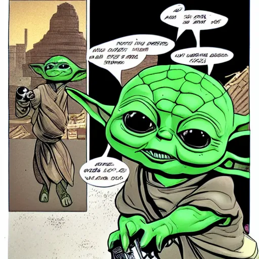 Prompt: baby yoda reading a Cyberfrog comicbook