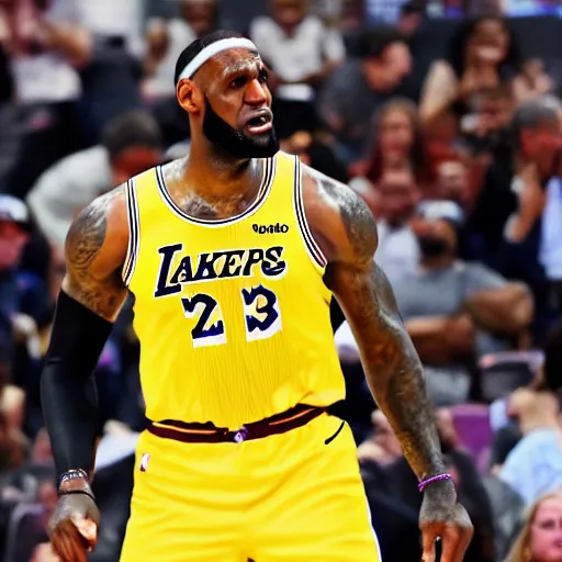 Prompt: professional close up shot photograph of lebron james dancing wildly in an nba game, wearing nba jersey, standing, clear image, as seen on getty images, smooth, uncompressed, low contrast