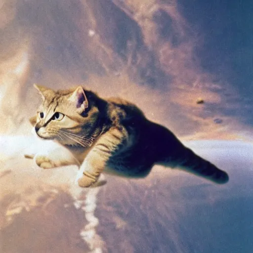 Prompt: NASA'S cat flying over the space, photo