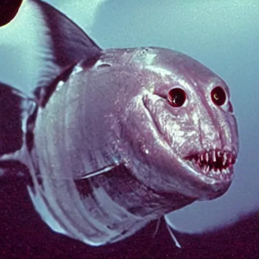 Prompt: scary deep sea fish from hell big budget horror film. Photographed in the Mariana Trench.