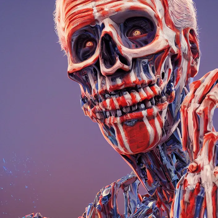 Image similar to PATRIOTIC portrait of joe biden as skeleton. burning distortions. intricate abstract. intricate artwork. by Tooth Wu, wlop, beeple, dan mumford. octane render, trending on artstation, greg rutkowski very coherent symmetrical artwork. cinematic, hyper realism, high detail, octane render, 8k, iridescent accents