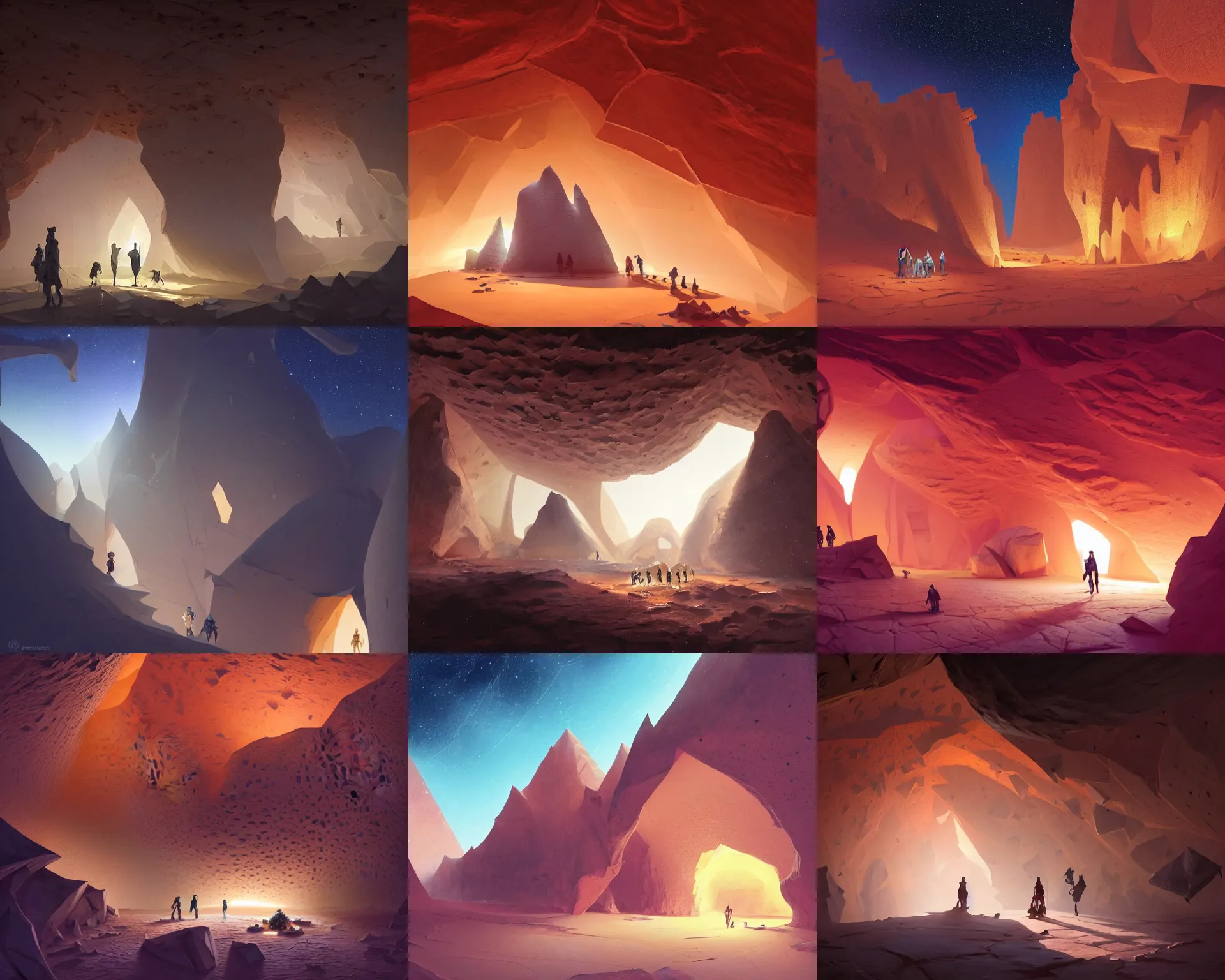 Prompt: polygonal deep cavern in the sahara with giant stone walls and ceilings showing the stars and stalactites, light dust, magnificent, close up, details, sharp focus, elegant, highly detailed, illustration, by Jordan Grimmer and greg rutkowski and PiNe(パイネ) and 薯子Imoko and 香川悠作 and wlop and maya takamura, intricate, beautiful, Trending artstation, pixiv, digital Art