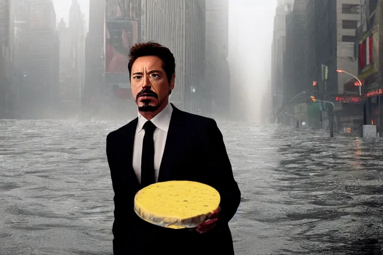 Prompt: tony stark holding cheese, flooded, new york, fog