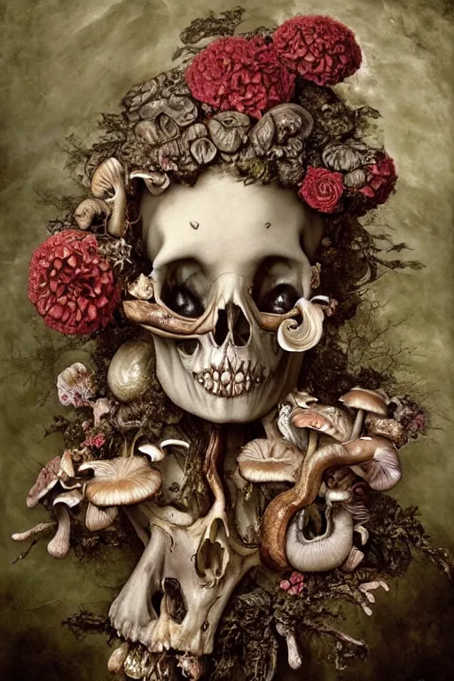 Image similar to a beautiful detailed rococo of a rotten woman corpse becoming almost a skull with face muscles, veins, arteries, fractal plants and fractal flowers and mushrooms growing around, intricate, ornate, surreal, ray caesar, john constable, guy denning, dan hillier