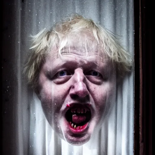 Image similar to photo of the inside of a dark old rainy bedroom window at night, dimly lit creepy | screaming face of boris johnson staring in through the window, bloody hands, horror, scary face, demonic face,