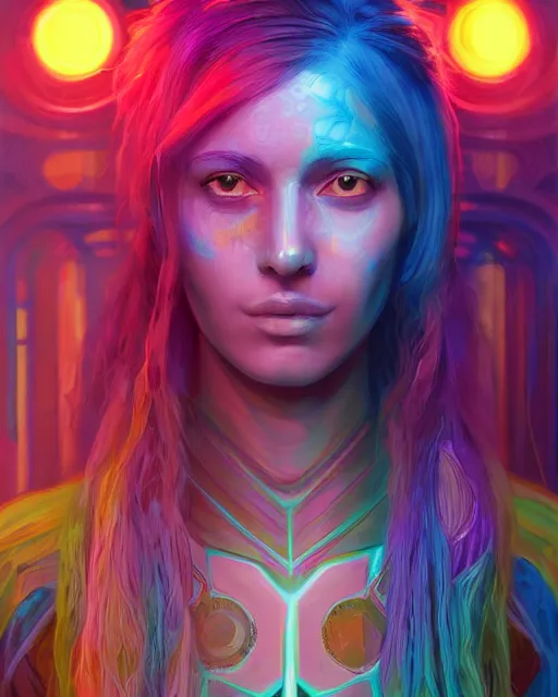 Prompt: colorful portrait of a female hippie with cybernetics, but set in the future 2 1 5 0 | highly detailed | very intricate | symmetrical | professional model | cinematic lighting | award - winning | painted by mandy jurgens | pan futurism, dystopian, bold psychedelic colors, cyberpunk, anime aesthestic | featured on artstation