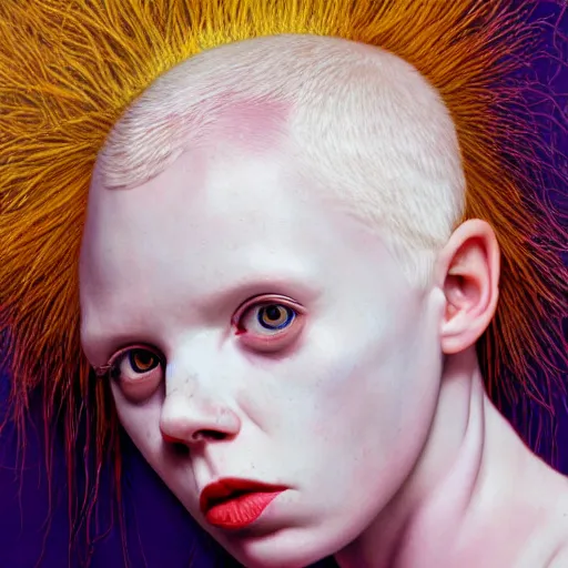 Image similar to realistic expired kodak film portrait of female african albino yolandi visser mix, hyperrealism, hypermaximalism, photorealistic, detailed, atmospheric, 8 k, award winning photography, cinematic