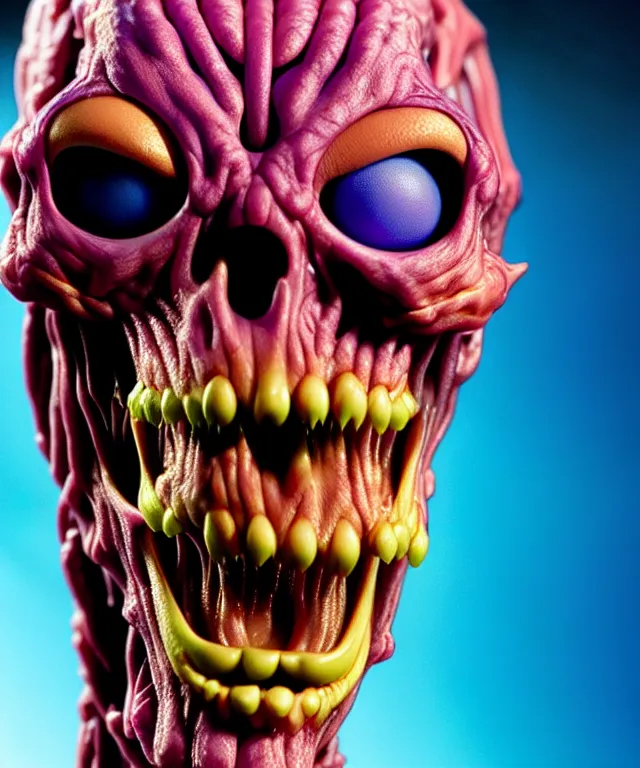 Image similar to hyperrealistic rendering, cronenberg flesh monster skeletor by art of skinner and richard corben and jeff easley, product photography, action figure, sofubi, studio lighting, colored gels