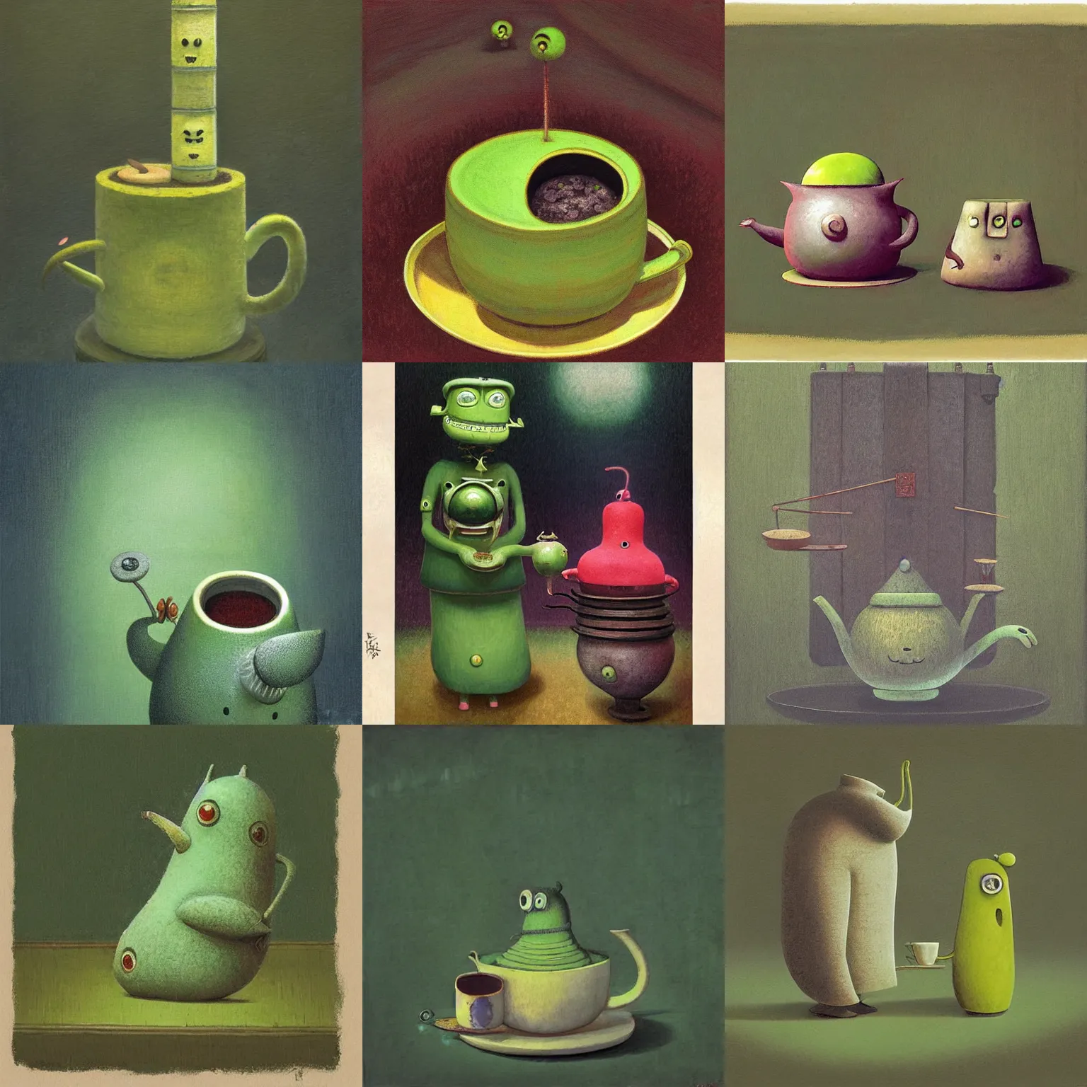 Prompt: macha tea by shaun tan, style of yuji naka