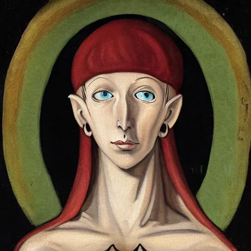 Image similar to flemish style painting of a pale skinned elf with a dark cloak and face piercings