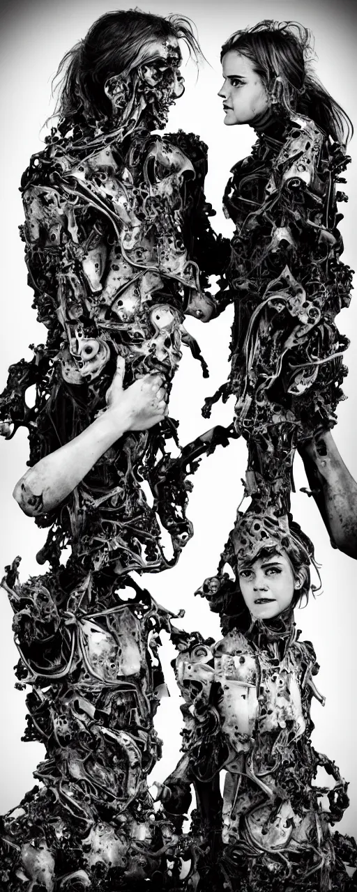 Image similar to photorealistic Emma Watson conjoined closeup angry tired fighting yelling warface face vascular nerve bundles fractal mecha spinal chord fractal armour twinned conjoined sisters action poses dishevelled photorealistic portrait grimy sweating bloody oily wet face dirty t-shirt and torn jeans in broken biomechanical fractal armour abandoned exploding sci-fi abandoned coal power station being reclaimed by the jungle, cinematic lighting, dark and dim atmospheric smog trending on artstation 8k matte painting, dramatic lighting, dramatic shadows professional photograph by Patrick Demarchelier, Sparth and Greg Rutkowski