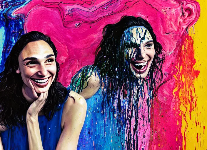 Prompt: portrait of gal gadot laughing, by vincent lefevre and hernan bas and pat steir and hilma af klint, psychological, photorealistic, dripping paint, washy brush, rendered in octane, altermodern, masterpiece