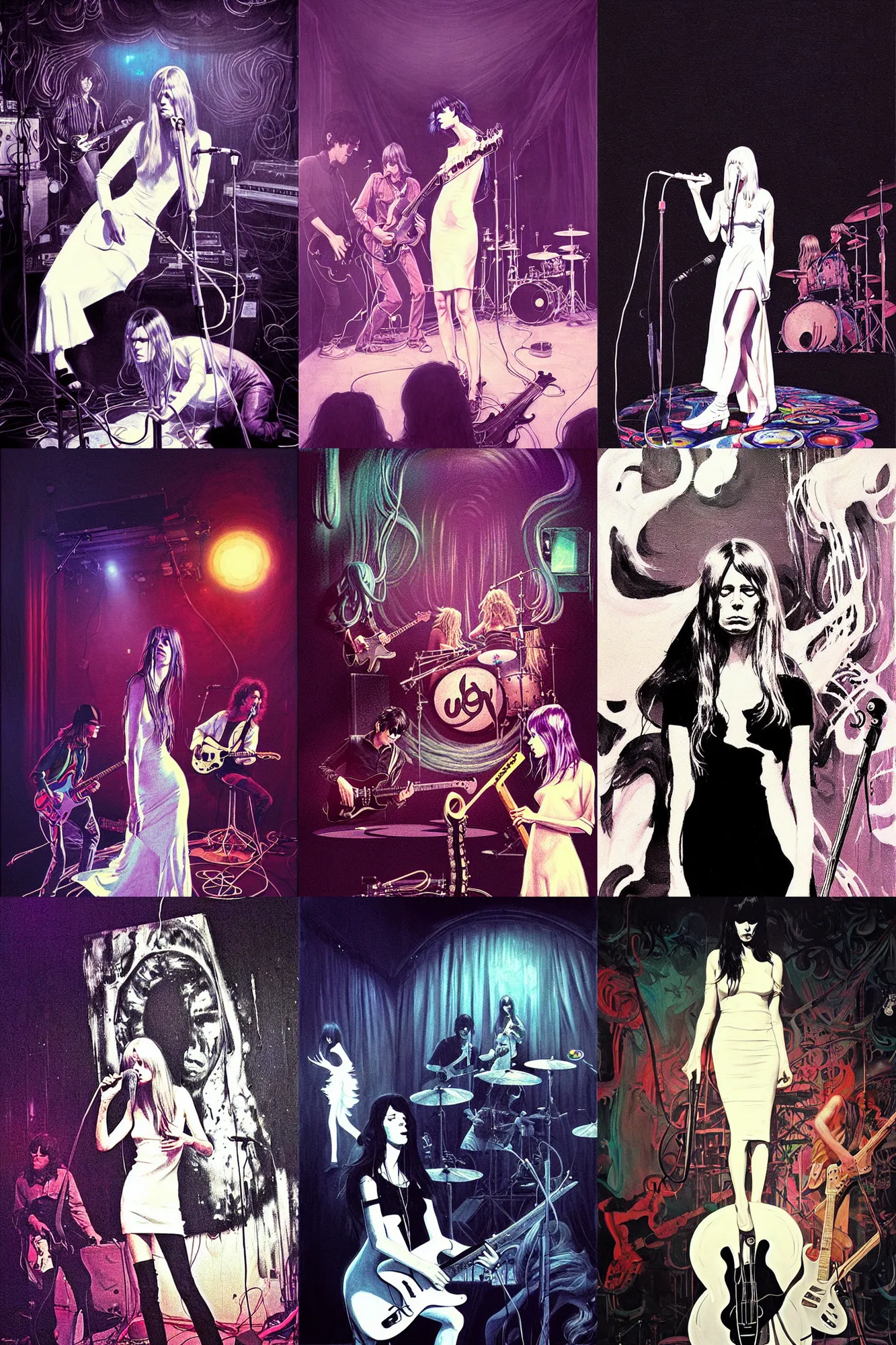 Prompt: the velvet underground playing live on stage in san francisco at a night club in 1 9 6 9, nico wearing a white dress, beautiful stage decoration in the background, art by james jean and greg rutkowski, very detailed and colorful, moody, relaxed, stoned, trending on artstation