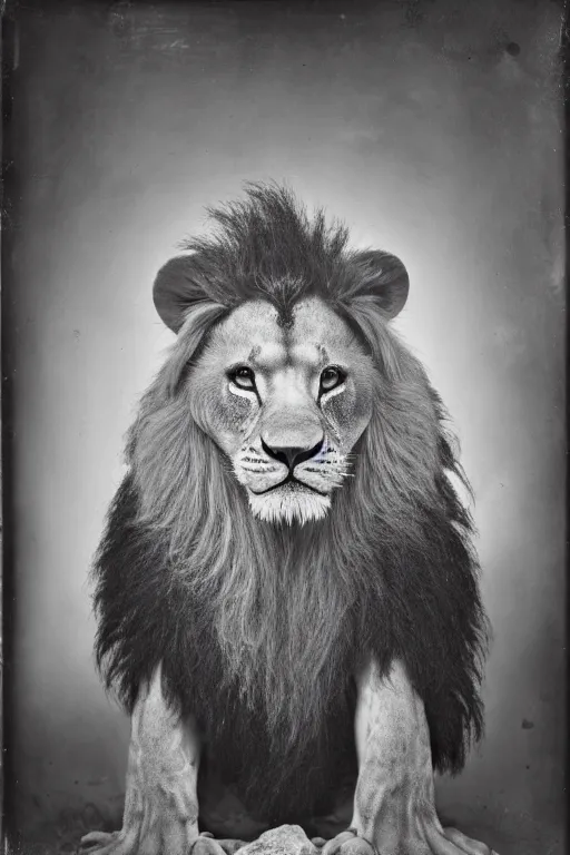 Prompt: a wet plate photo of an anthropomorphic mean looking lion king