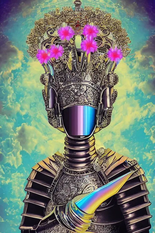 Image similar to opalescent retrofuturistic digital airbrush illustration of a knight wearing an ornate chrome headpiece and holding a flower with a landscape and sky in the background by luigi patrignani