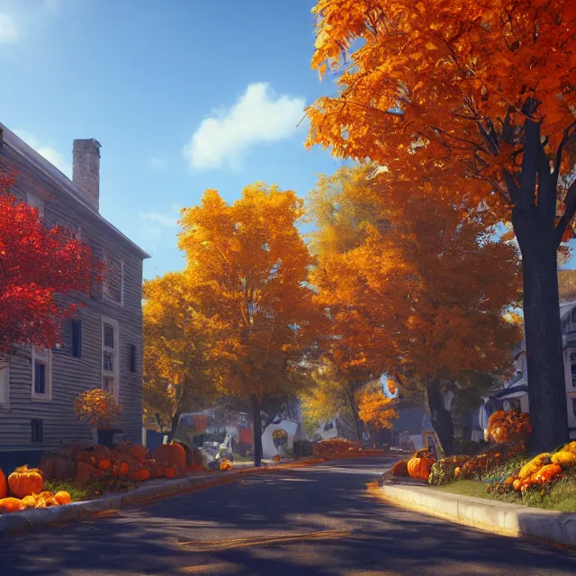 Image similar to pretty colonial city street with shops and pumpkins, maple trees with fall foliage, new hampshire mountain, stone walls, volumetric, realistic, cinematic lighting, ray tracing, unreal engine 5, octane render, hyper realistic, photo, 8 k