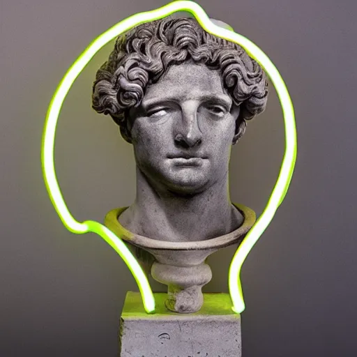 Image similar to a neon ring around a renaissance statue head