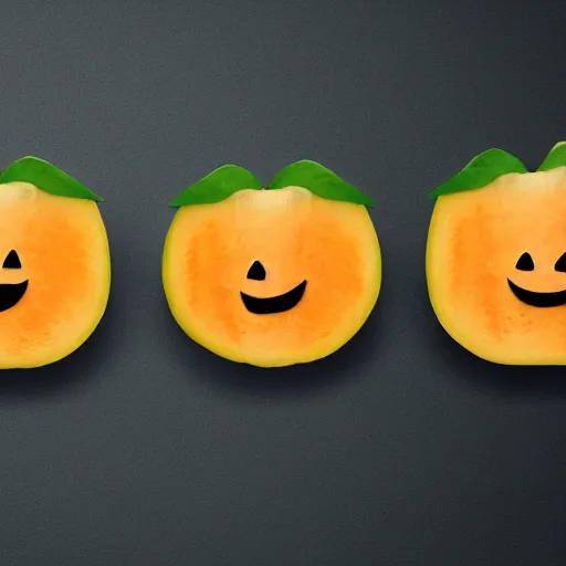 Image similar to a logo picturing three little cantaloupes, with differing emotions, with devil tails and horns, in flat design, on a white background,