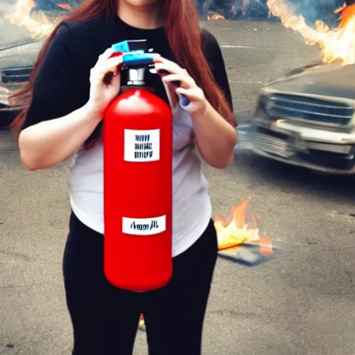 Image similar to a photo of a woman wearing a shirt holding a fire extinguisher, on her shirt writes two aunts