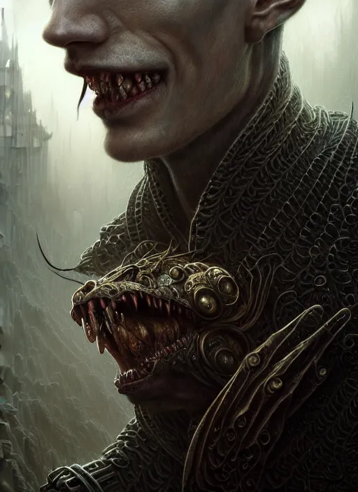 Prompt: portrait shot of a male vampire, a scenic dystopian environment, lovecraftian, intricate, elegant, highly detailed, centered, digital painting, artstation, concept art, smooth, sharp focus, illustration, artgerm, tomasz alen kopera, peter mohrbacher, donato giancola, joseph christian leyendecker, wlop, boris vallejo