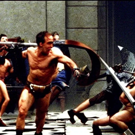 Prompt: Hoplites against Persians in American Psycho (1999)