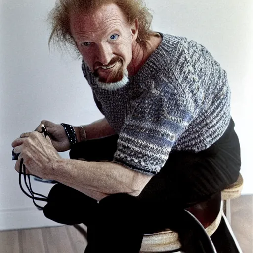 Image similar to Diamond Dallas Page knitting, candid photograph by Annie Leibovitz