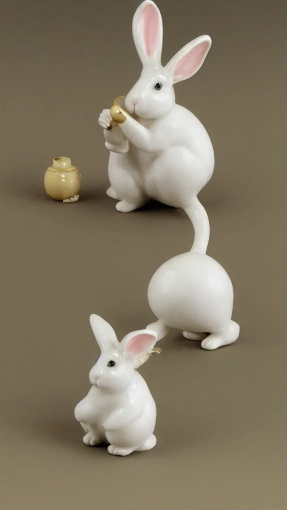 Image similar to a porcelain rabbit with a japanese pipe painted by john singer sargent