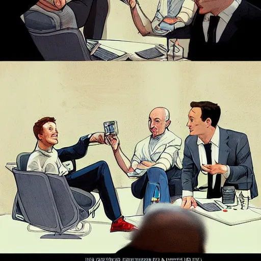 Image similar to cell shaded illustration of a meeting between elon musk, mark zuckerberg, jeff bezos, very detailled, art contest winner on behance, trendy on deviant art, by by artgem, greg rutkowski, by herge