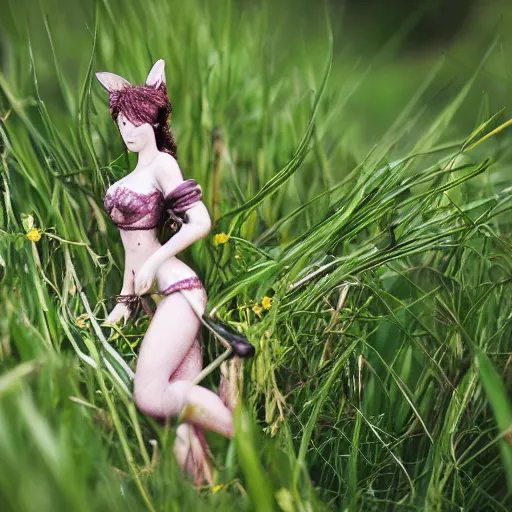 Prompt: a macro photo of a wild pixie huntress standing in the grass