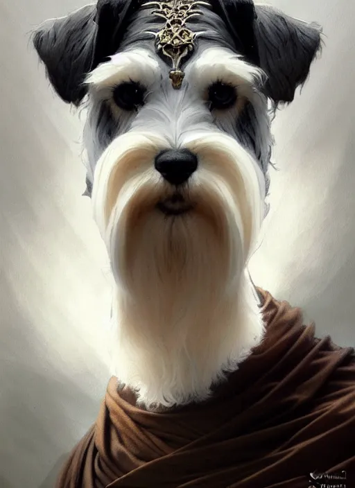 Image similar to portrait of stoic looking miniature schnauzer, black fir, white eyebrows, fantasy, intricate, elegant, highly detailed, digital painting, artstation, concept art, smooth, sharp focus, illustration, art by artgerm and greg rutkowski and alphonse mucha