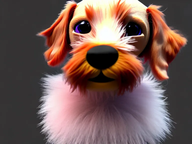 Image similar to high quality 3 d render hyperrealist very cute fluffy dachshund dog, plush mascot, long spiky fluffy smooth hair, photo from the side, multi pastel colors, vray, smooth background, artstation, ultra detailed